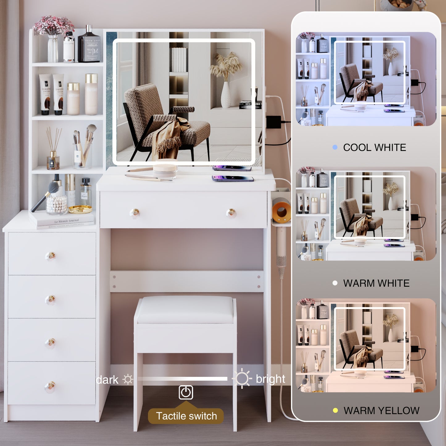 Modern White Makeup Vanity Set with Integrated Mirror, Matching Stool, and Extensive Storage - Elegant Design with Five Drawers and Open Shelves